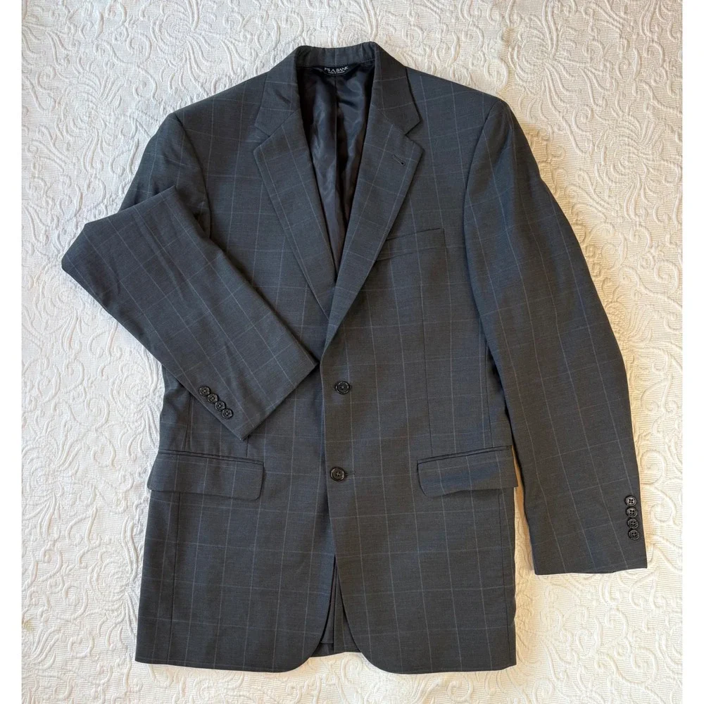 JOS A BANK Mens Charcoal Plaid 100%‎ Wool Sport Coat Blazer Jacket 40L